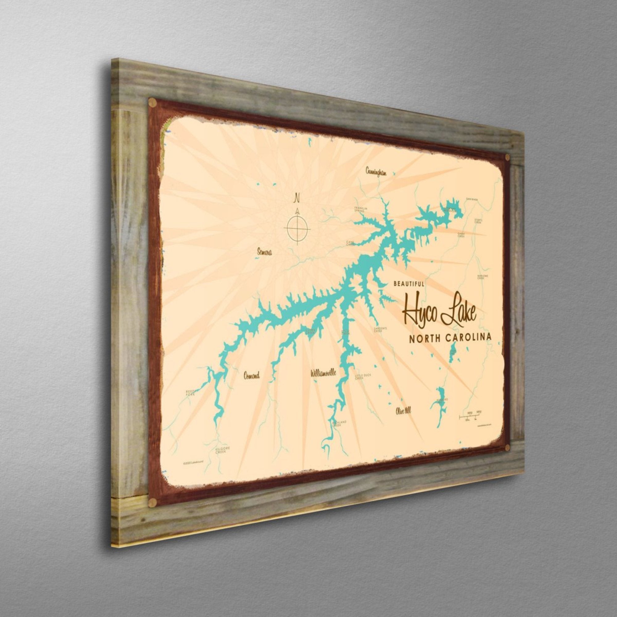 Hyco Lake North Carolina, Wood-Mounted Rustic Metal Sign Map Art