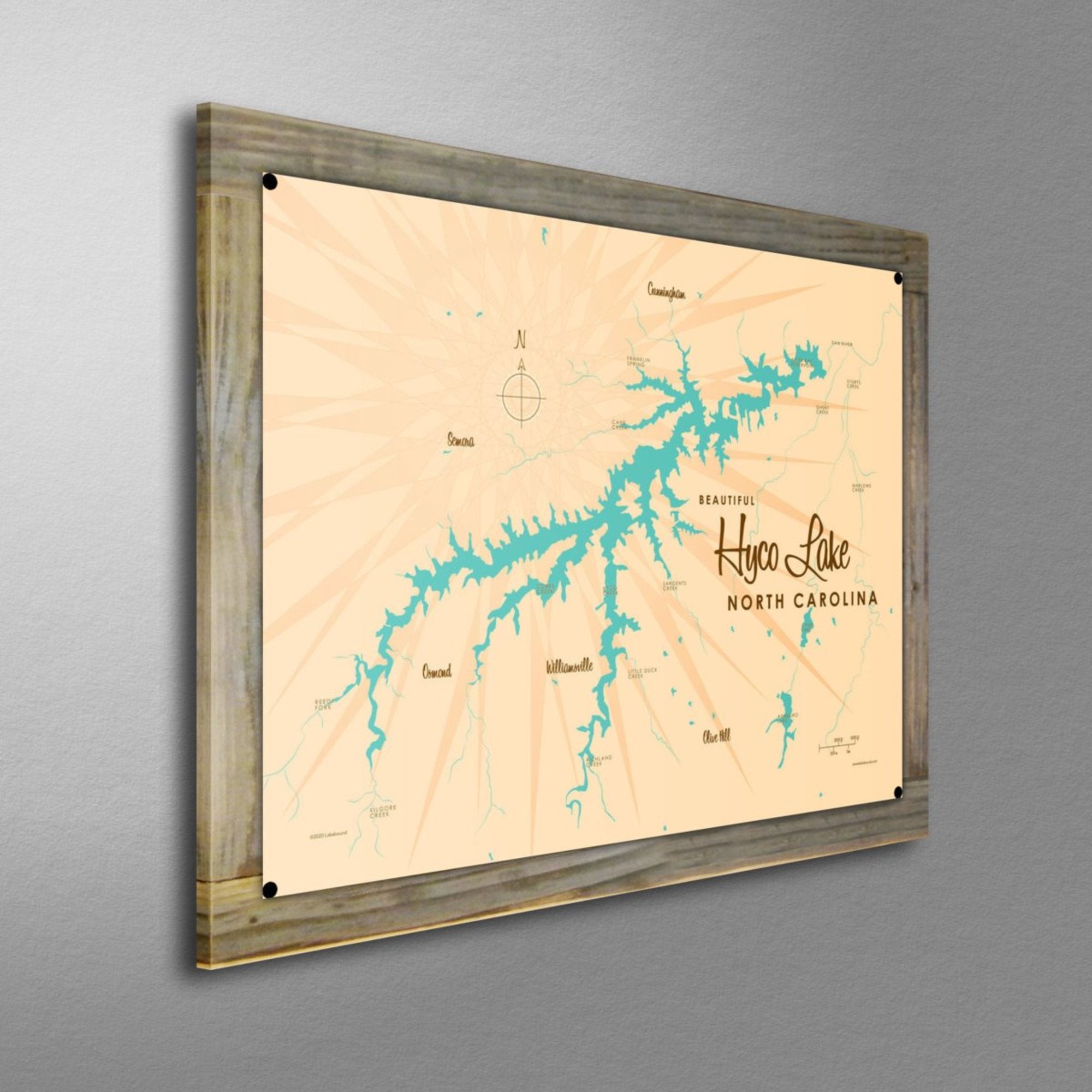 Hyco Lake North Carolina, Wood-Mounted Metal Sign Map Art