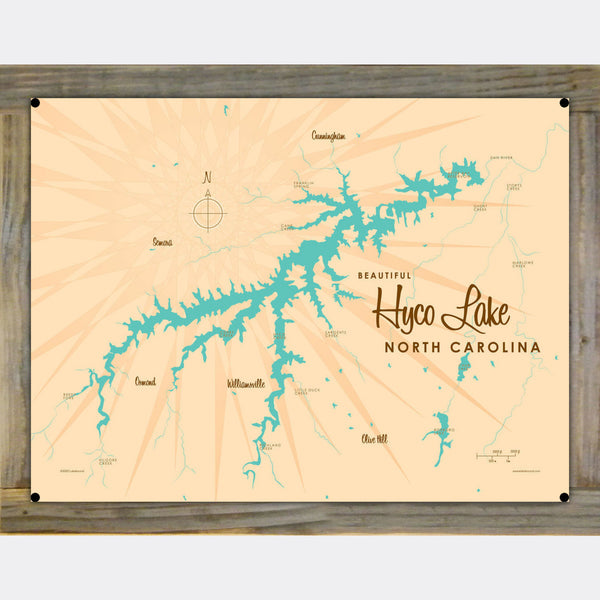 Hyco Lake North Carolina, Wood-Mounted Metal Sign Map Art