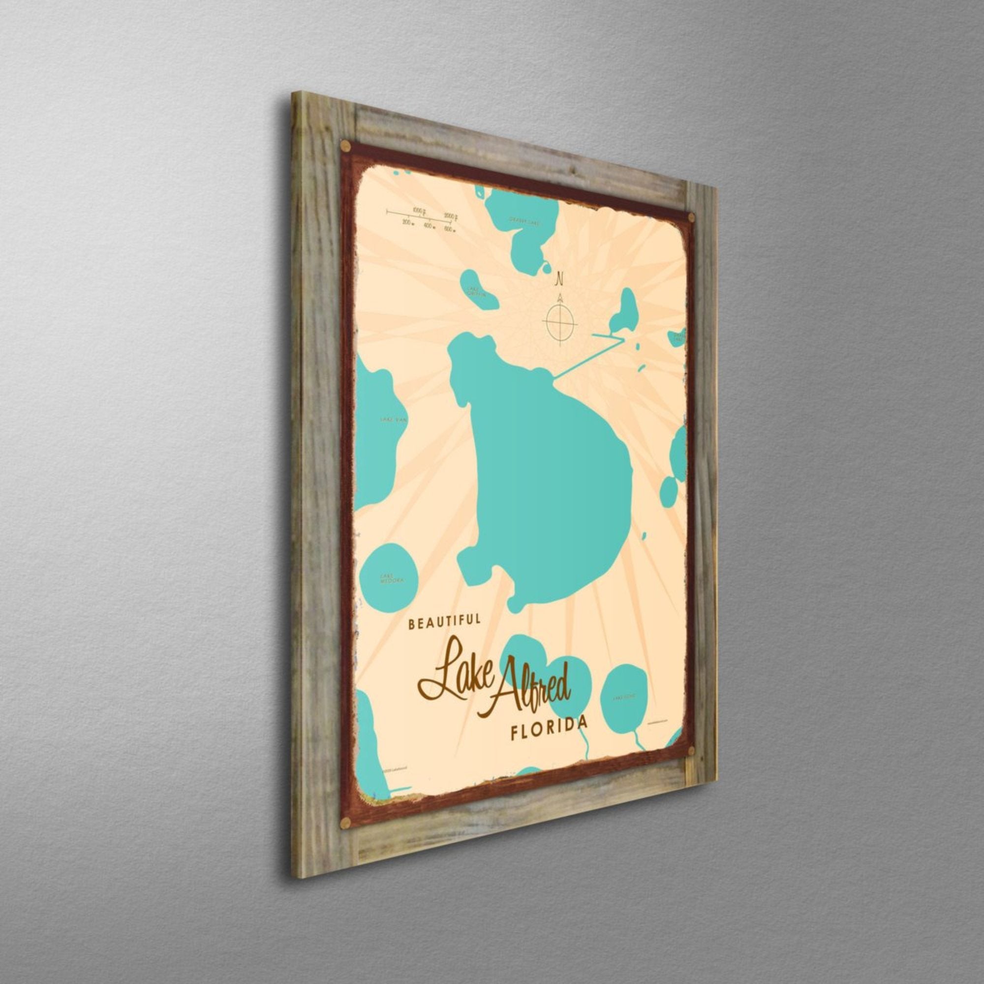 Lake Alfred Florida, Wood-Mounted Rustic Metal Sign Map Art