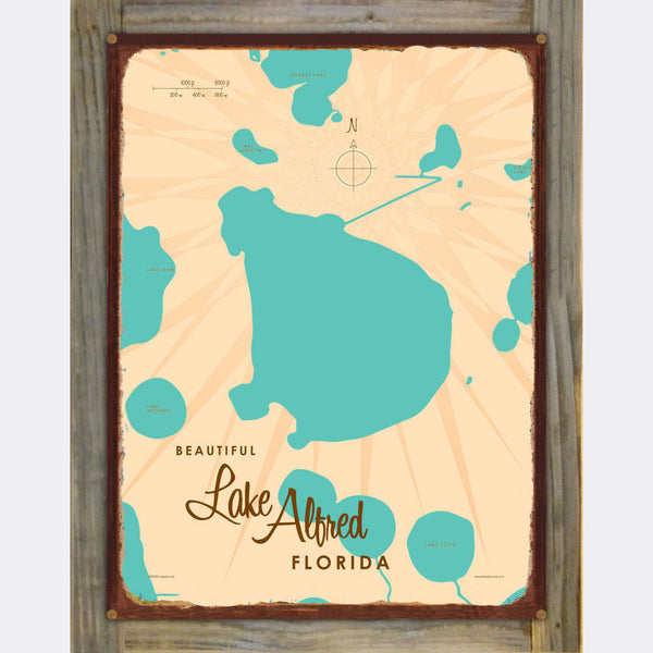 Lake Alfred Florida, Wood-Mounted Rustic Metal Sign Map Art