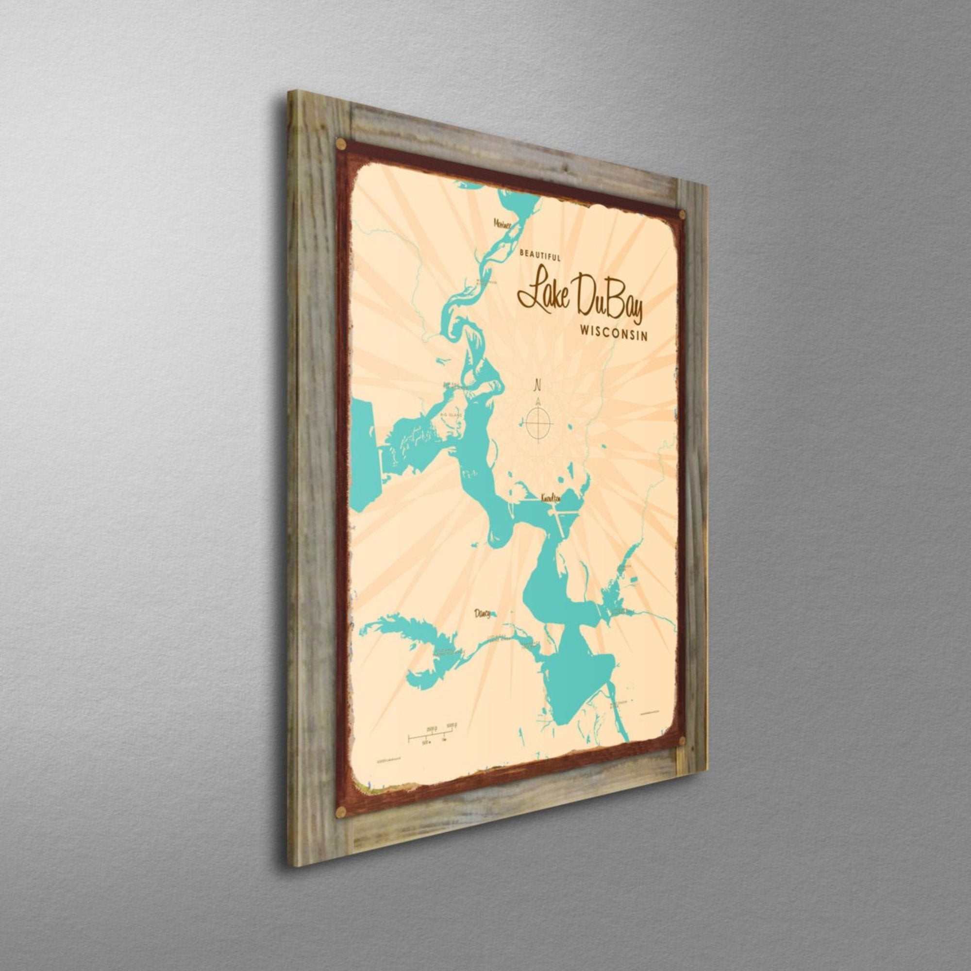 Lake DuBay Wisconsin, Wood-Mounted Rustic Metal Sign Map Art