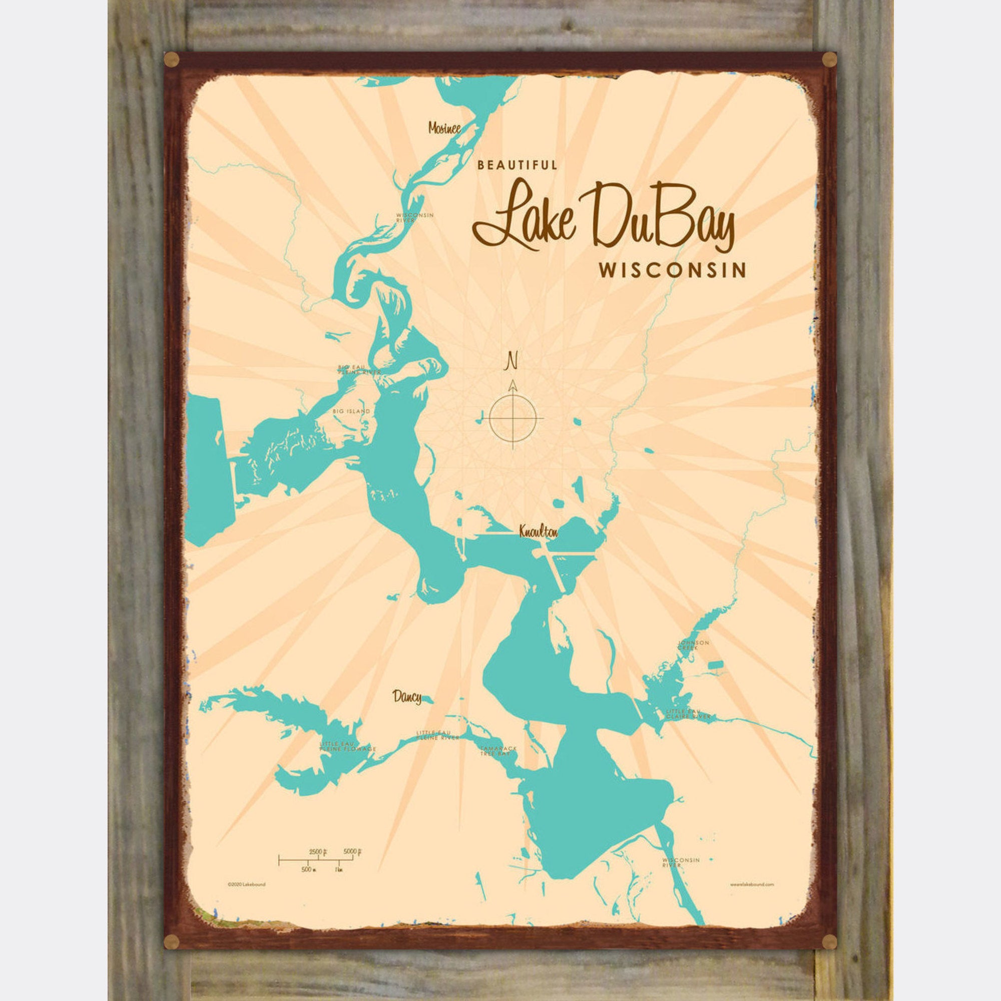 Lake DuBay Wisconsin, Wood-Mounted Rustic Metal Sign Map Art