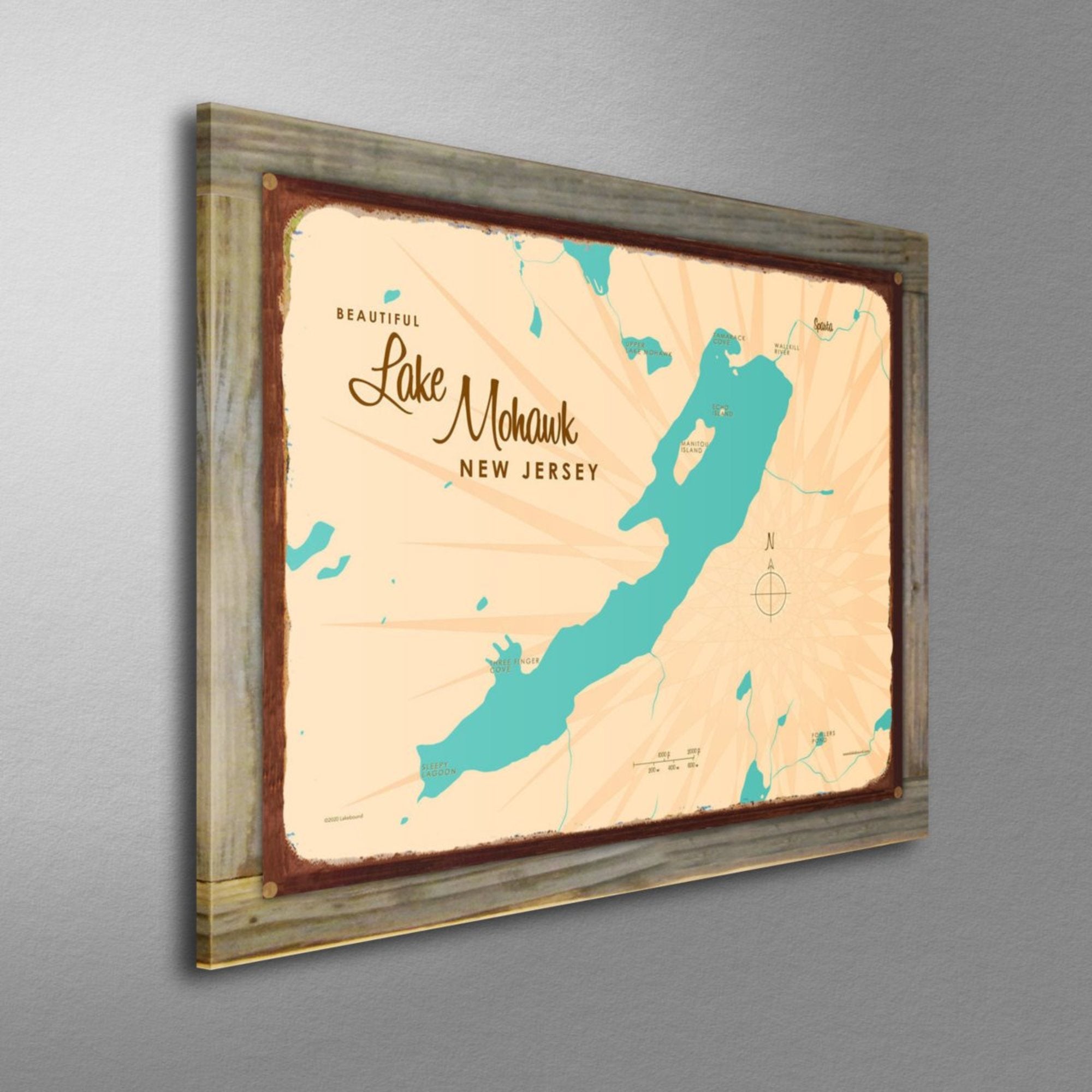 Lake Mohawk New Jersey, Wood-Mounted Rustic Metal Sign Map Art