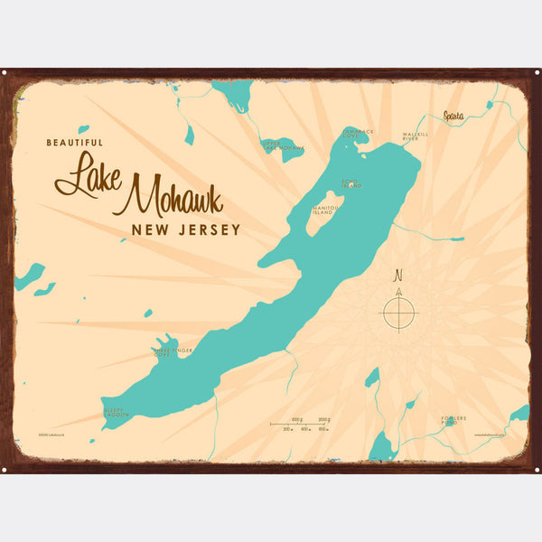 Lake Mohawk New Jersey, Rustic Metal Sign Map Art