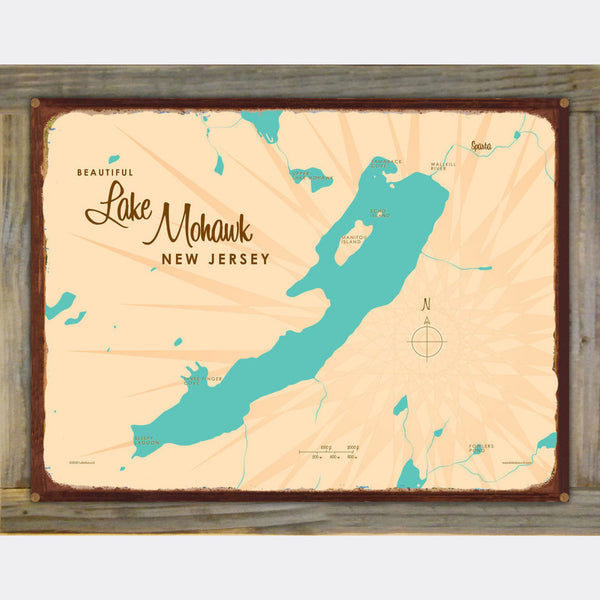 Lake Mohawk New Jersey, Wood-Mounted Rustic Metal Sign Map Art