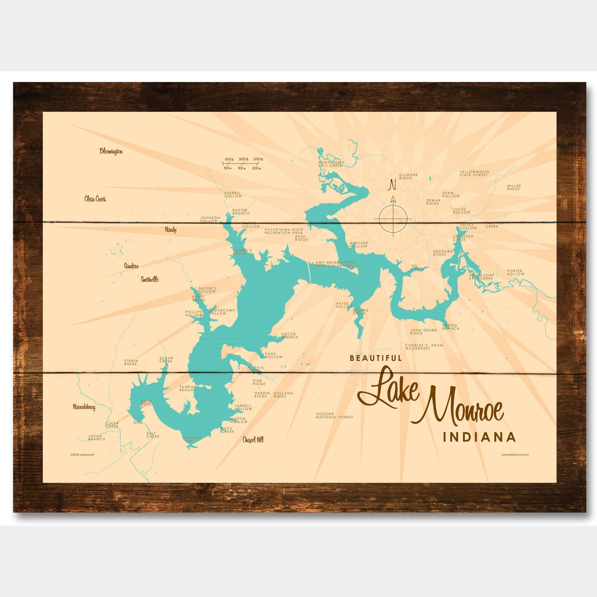 Lake Monroe Indiana, Rustic Wood Sign Map Art