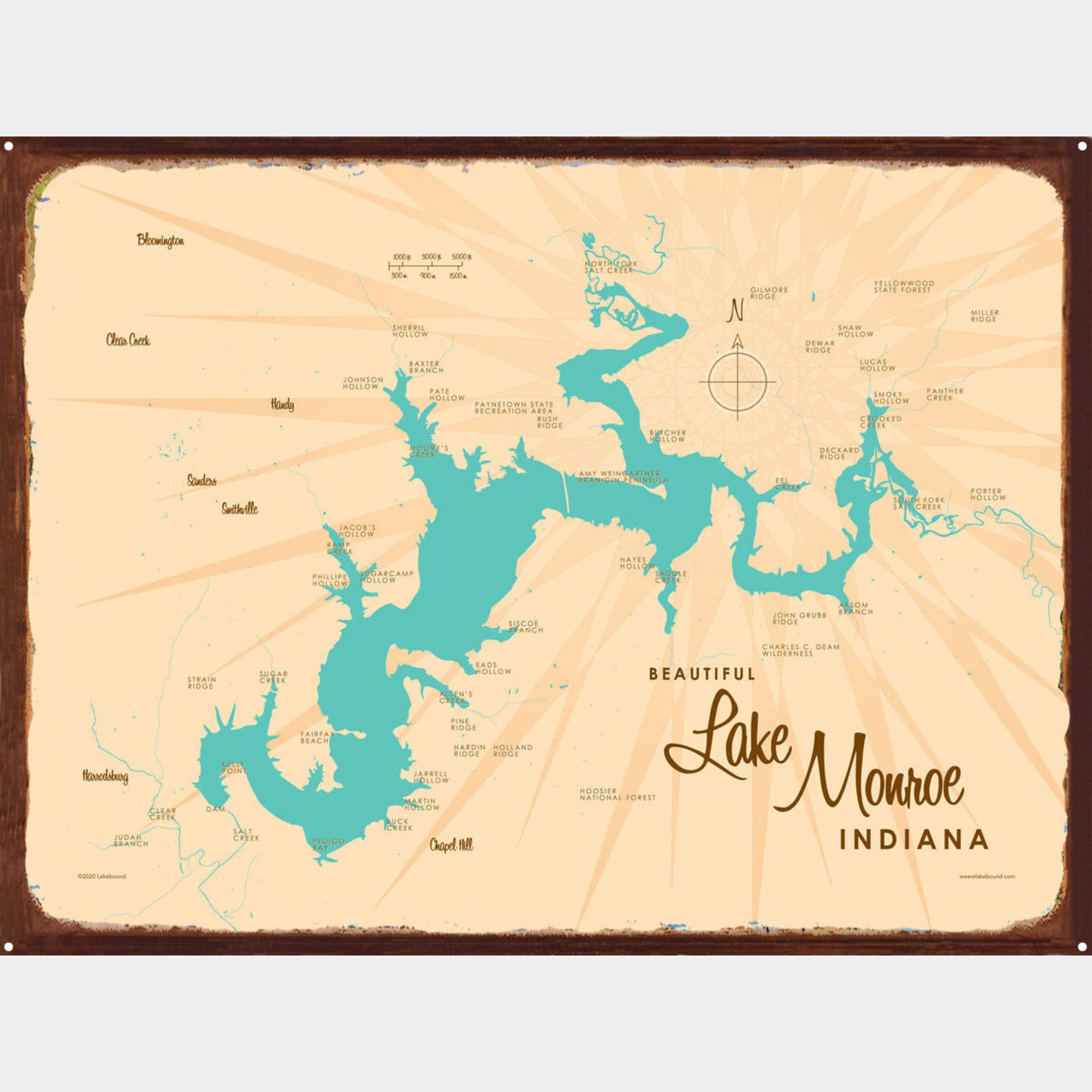 Lake Monroe Indiana, Rustic Metal Sign Map Art