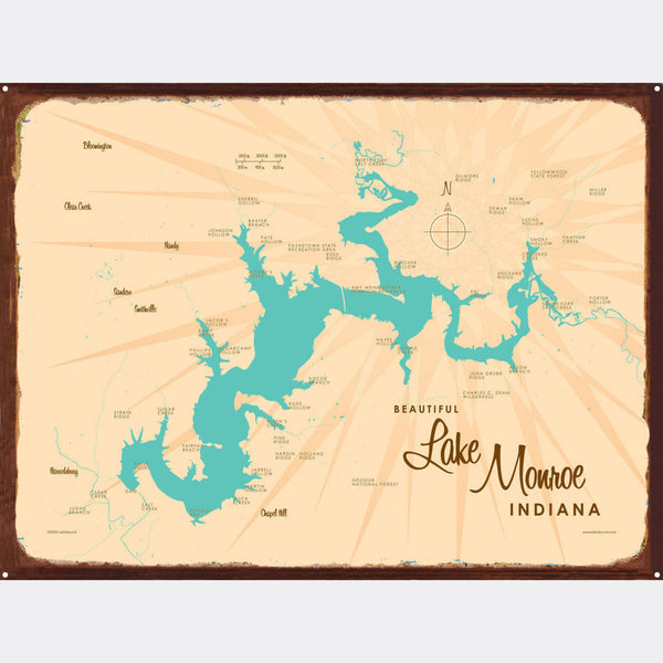 Lake Monroe Indiana, Rustic Metal Sign Map Art