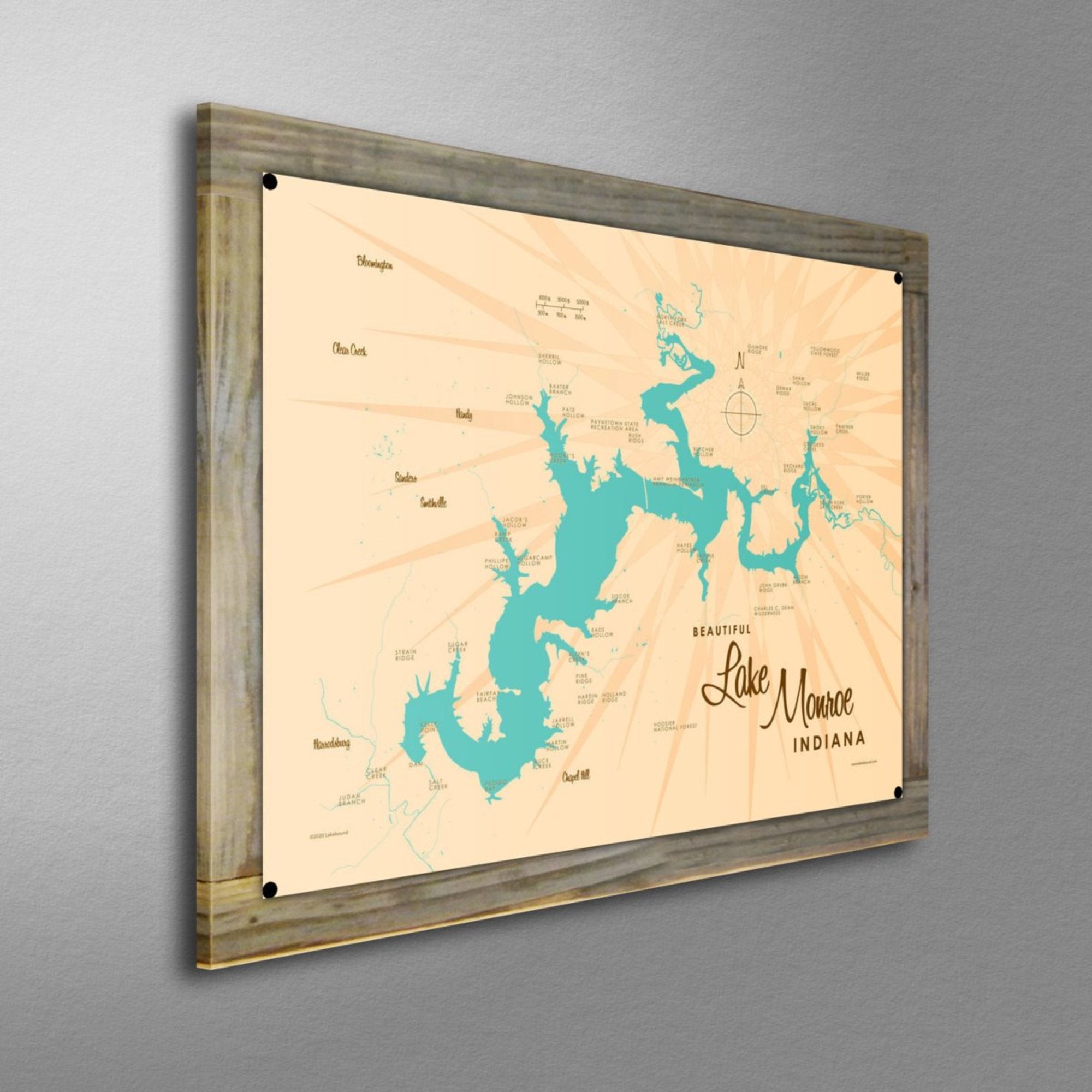 Lake Monroe Indiana, Wood-Mounted Metal Sign Map Art