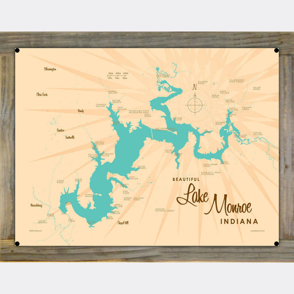Lake Monroe Indiana, Wood-Mounted Metal Sign Map Art