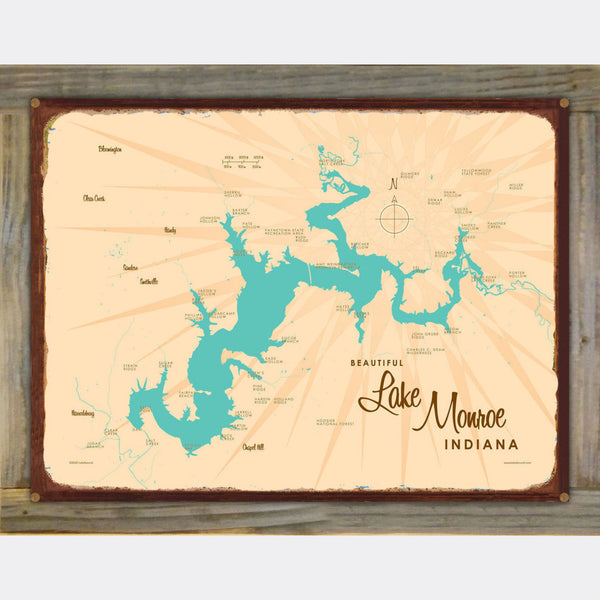 Lake Monroe Indiana, Wood-Mounted Rustic Metal Sign Map Art