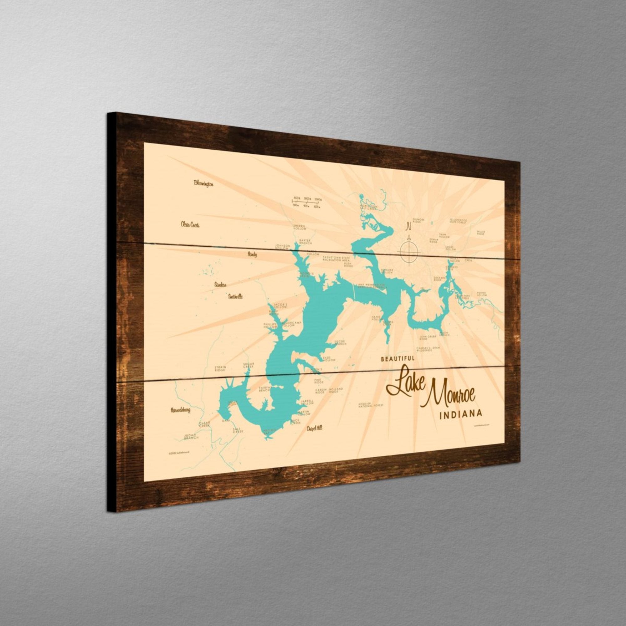 Lake Monroe Indiana, Rustic Wood Sign Map Art