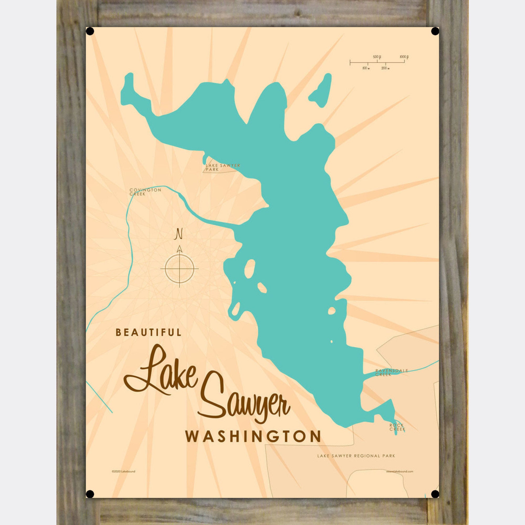 Lake Sawyer Washington, Wood-Mounted Metal Sign Map Art