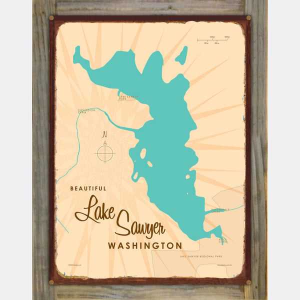 Lake Sawyer Washington, Wood-Mounted Rustic Metal Sign Map Art