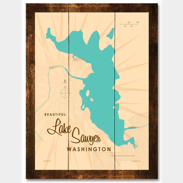 Lake Sawyer Washington, Rustic Wood Sign Map Art