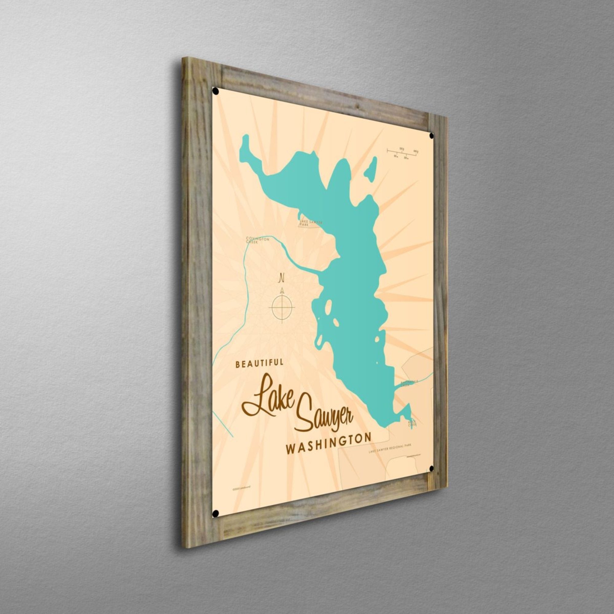 Lake Sawyer Washington, Wood-Mounted Metal Sign Map Art