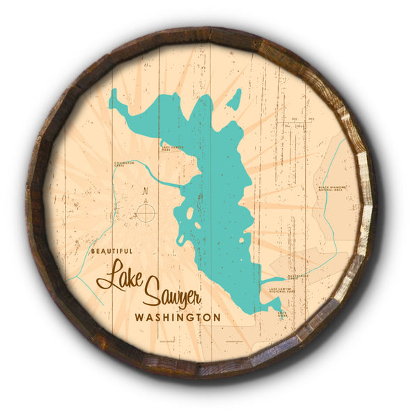 Lake Sawyer Washington, Rustic Barrel End Map Art