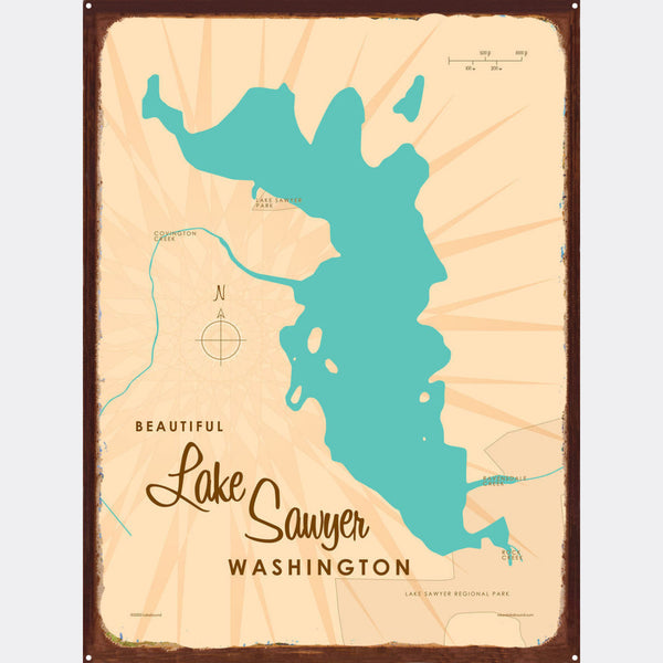 Lake Sawyer Washington, Rustic Metal Sign Map Art