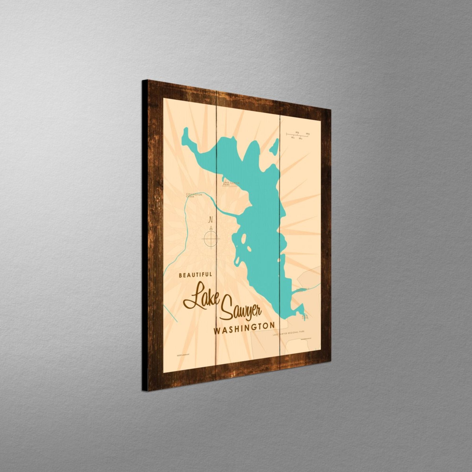 Lake Sawyer Washington, Rustic Wood Sign Map Art