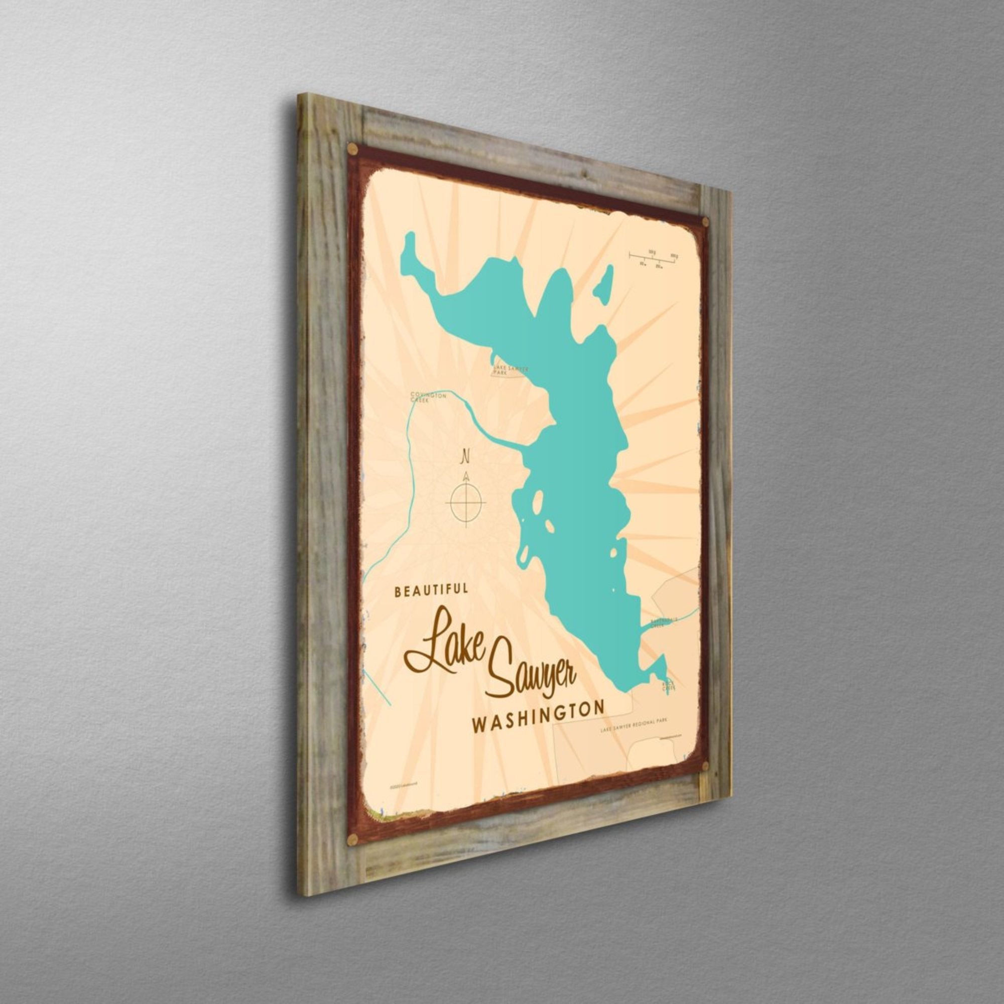 Lake Sawyer Washington, Wood-Mounted Rustic Metal Sign Map Art