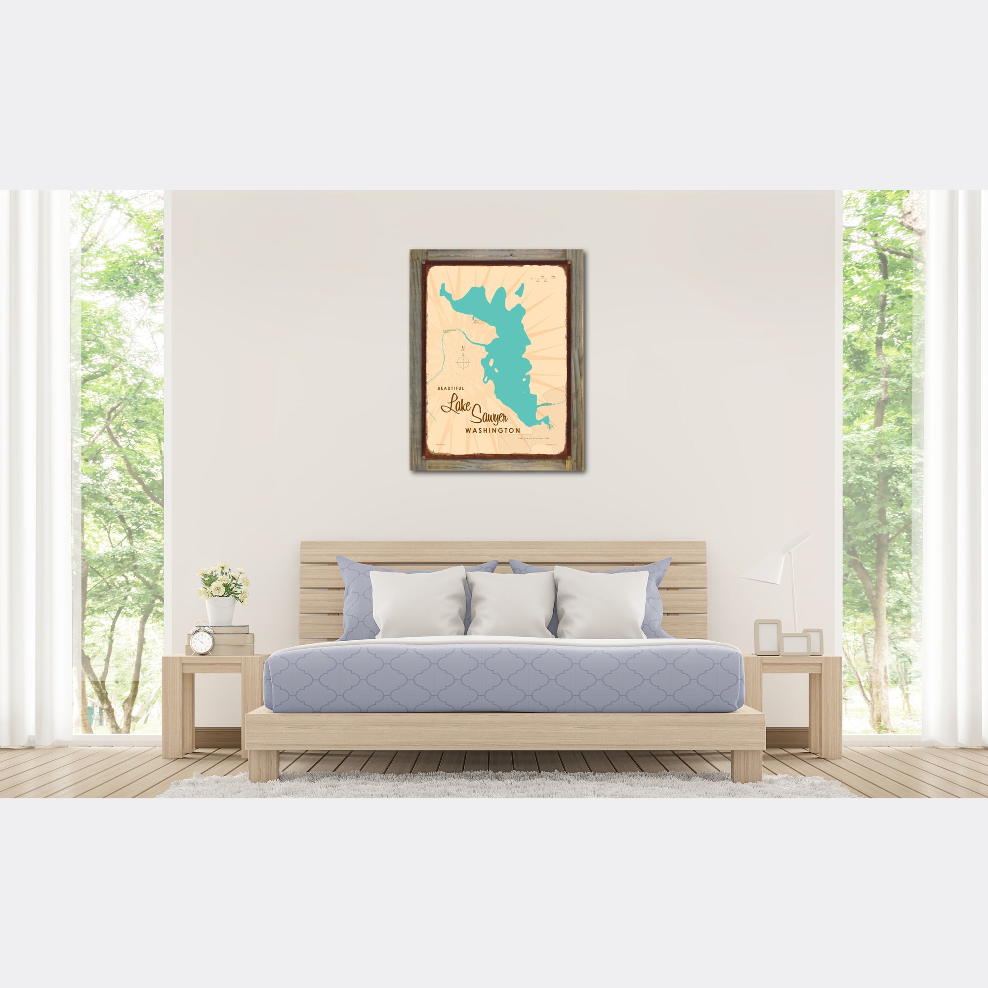 Lake Sawyer Washington, Wood-Mounted Rustic Metal Sign Map Art