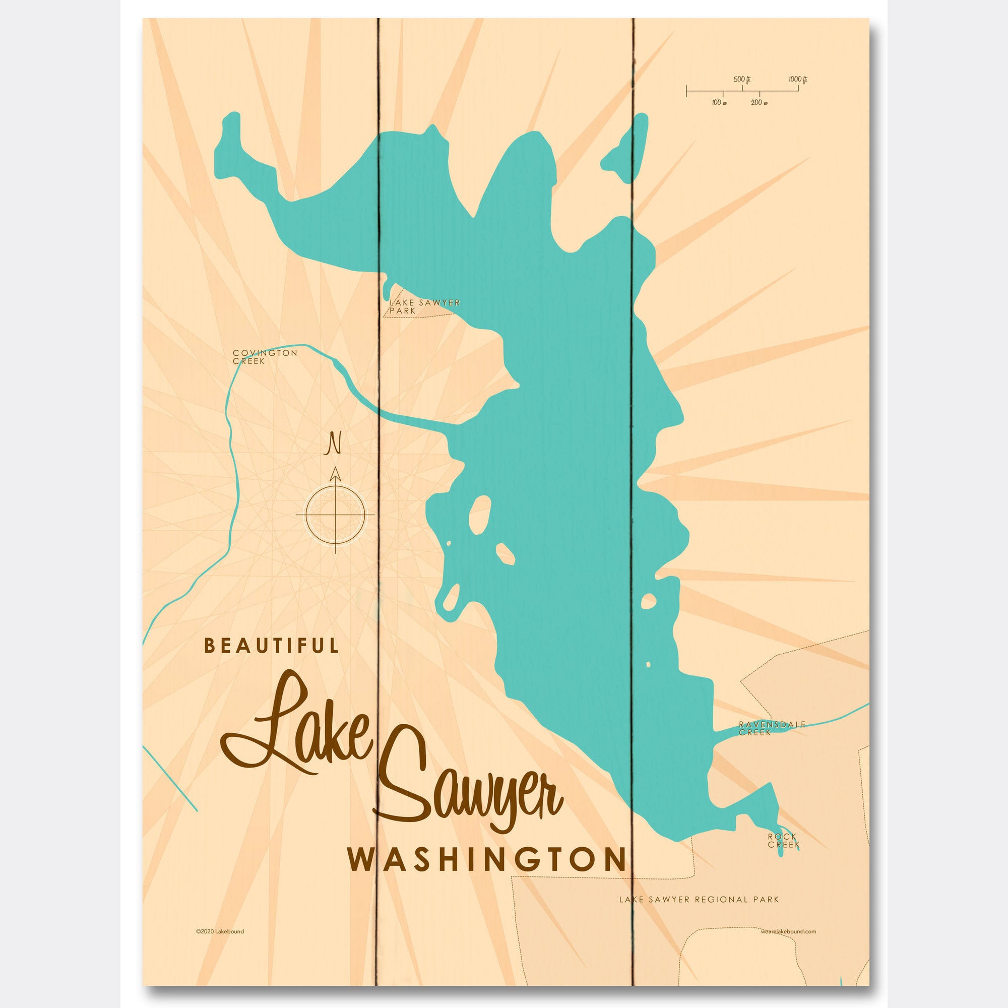 Lake Sawyer Washington, Wood Sign Map Art