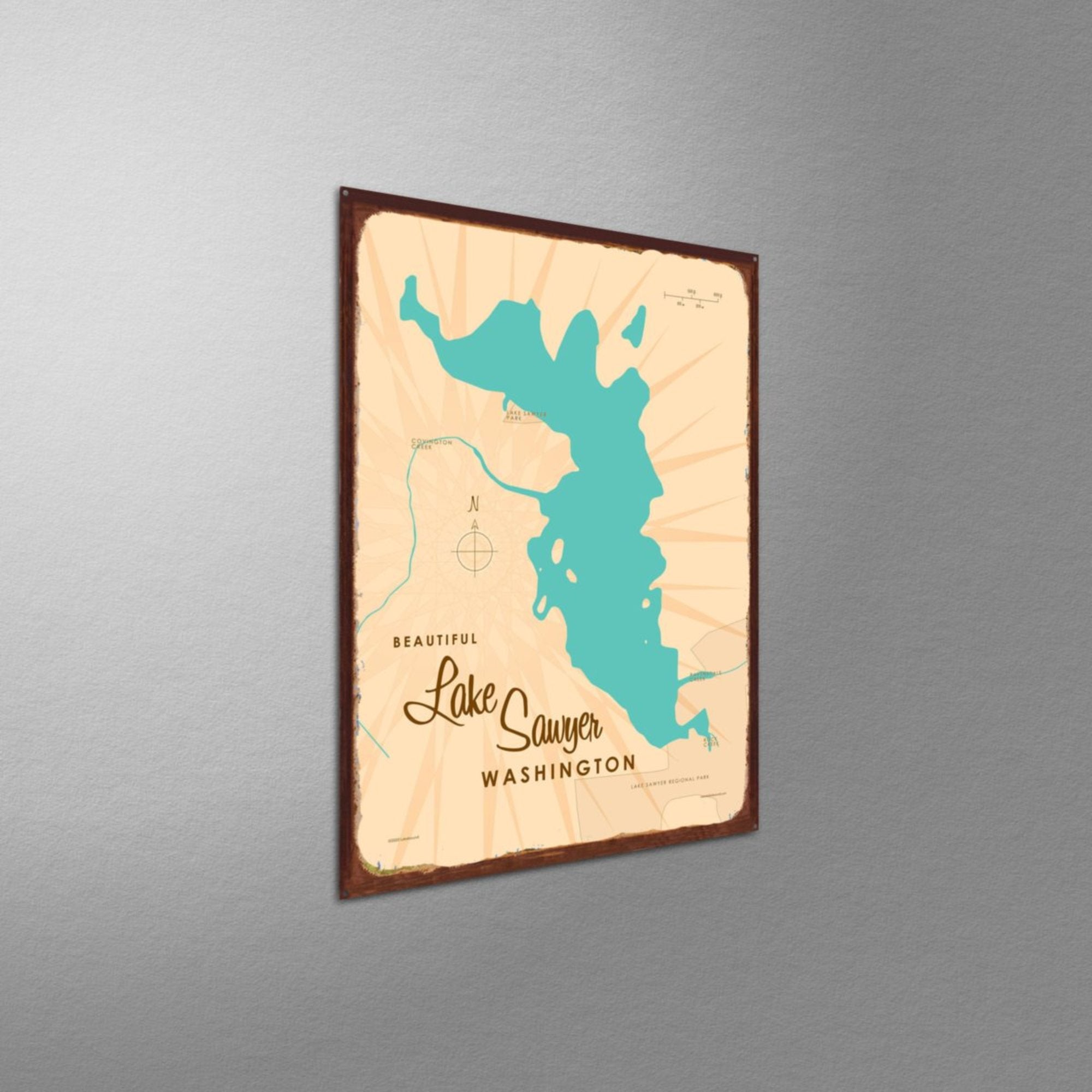 Lake Sawyer Washington, Rustic Metal Sign Map Art