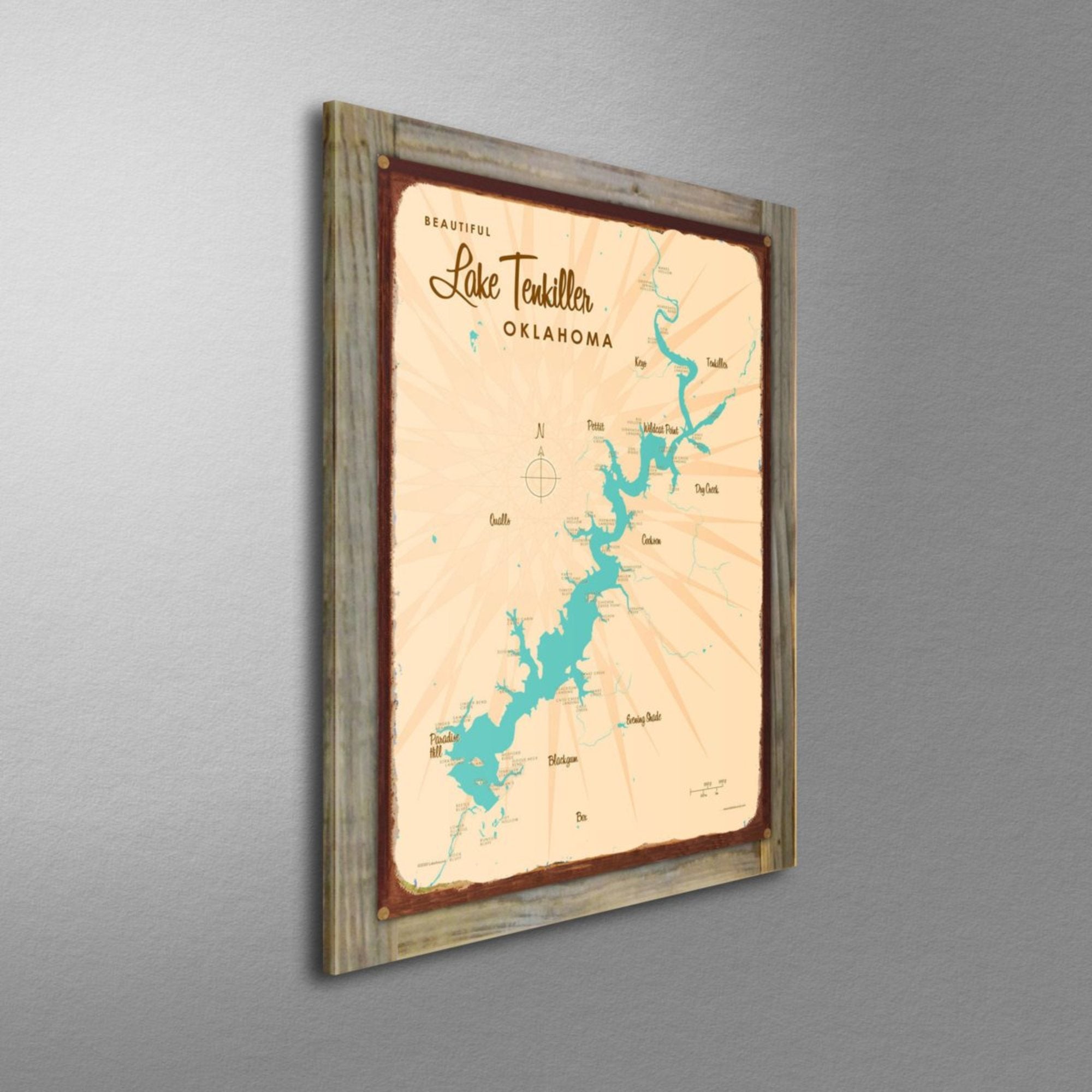 Lake Tenkiller Oklahoma, Wood-Mounted Rustic Metal Sign Map Art