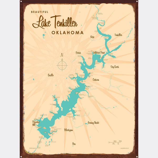 Lake Tenkiller Oklahoma, Rustic Metal Sign Map Art