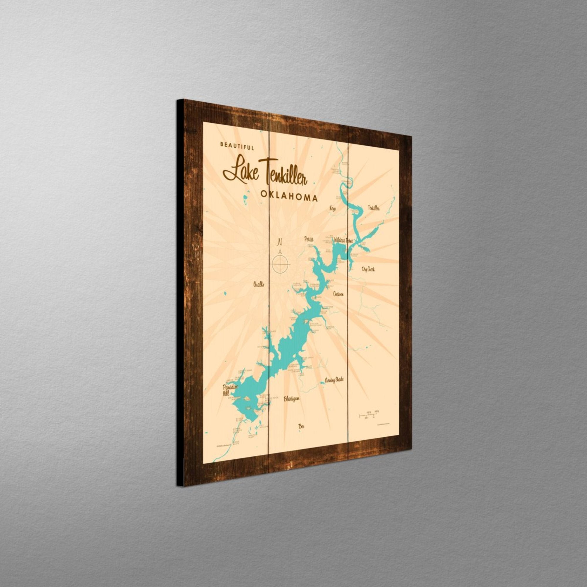 Lake Tenkiller Oklahoma, Rustic Wood Sign Map Art