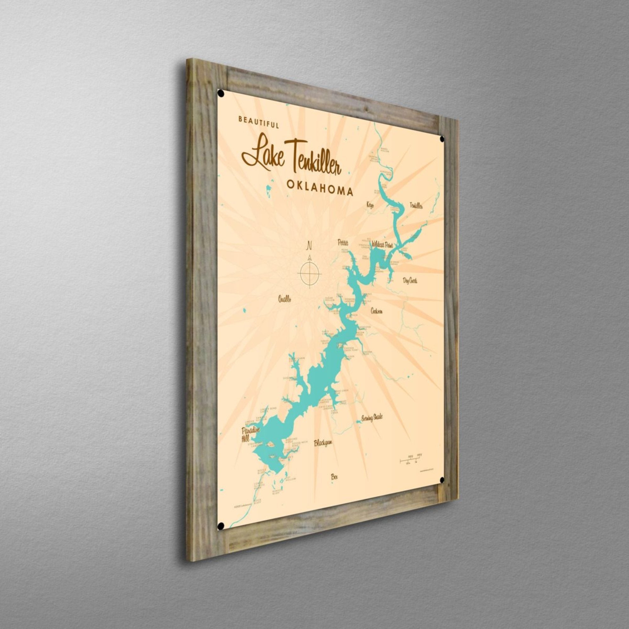 Lake Tenkiller Oklahoma, Wood-Mounted Metal Sign Map Art