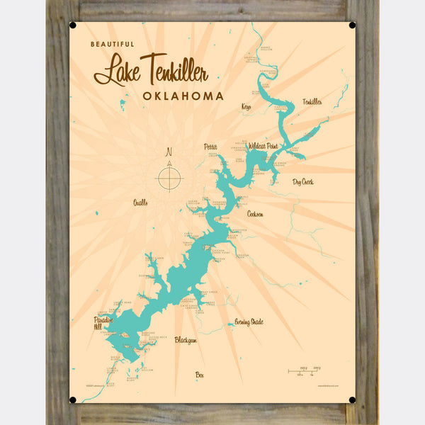 Lake Tenkiller Oklahoma, Wood-Mounted Metal Sign Map Art