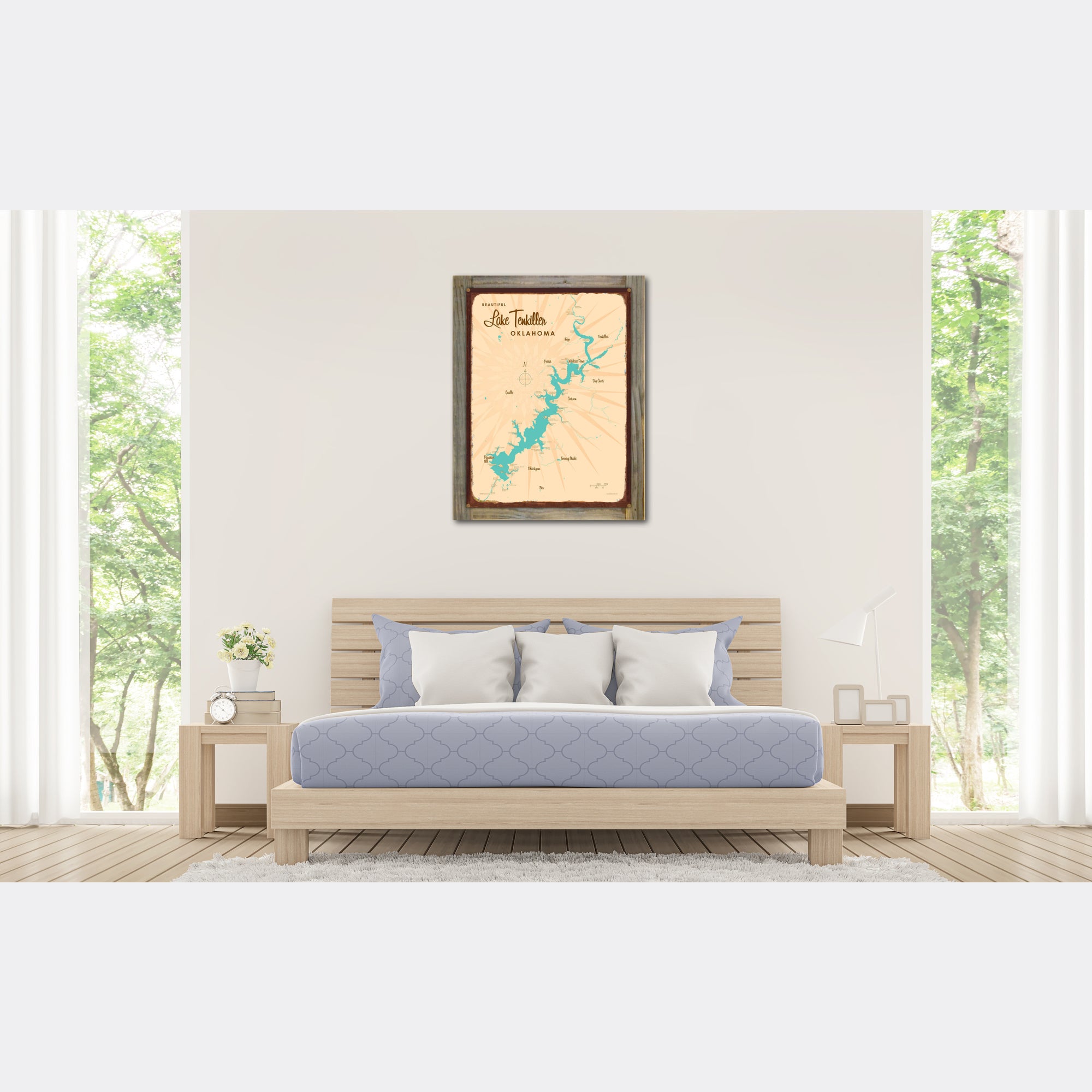 Lake Tenkiller Oklahoma, Wood-Mounted Rustic Metal Sign Map Art