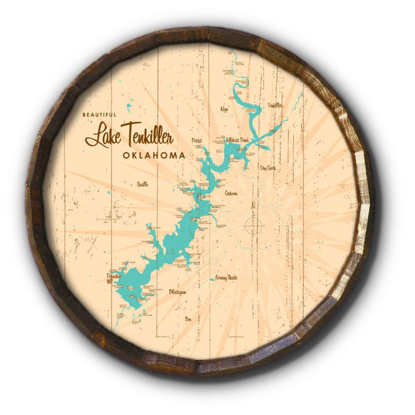 Lake Tenkiller Oklahoma, Rustic Barrel End Map Art