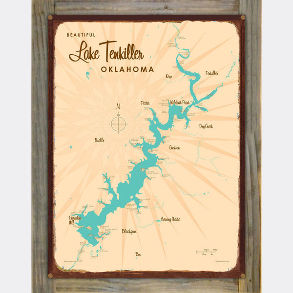 Lake Tenkiller Oklahoma, Wood-Mounted Rustic Metal Sign Map Art