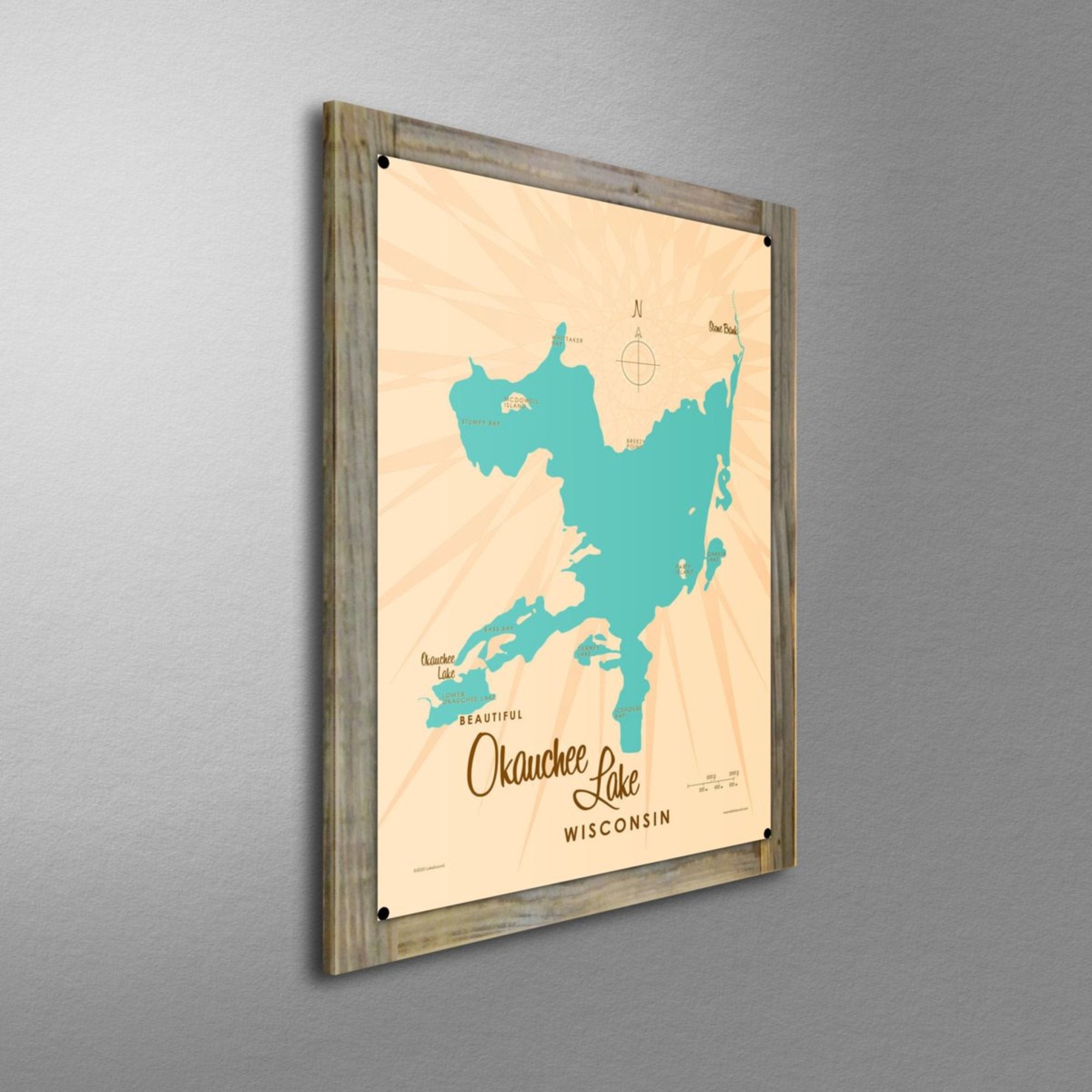 Okauchee Lake Wisconsin, Wood-Mounted Metal Sign Map Art