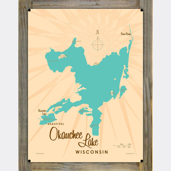 Okauchee Lake Wisconsin, Wood-Mounted Metal Sign Map Art