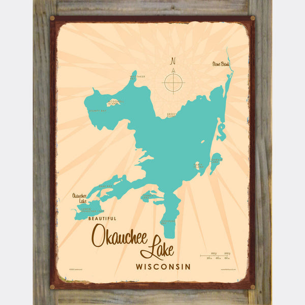 Okauchee Lake Wisconsin, Wood-Mounted Rustic Metal Sign Map Art