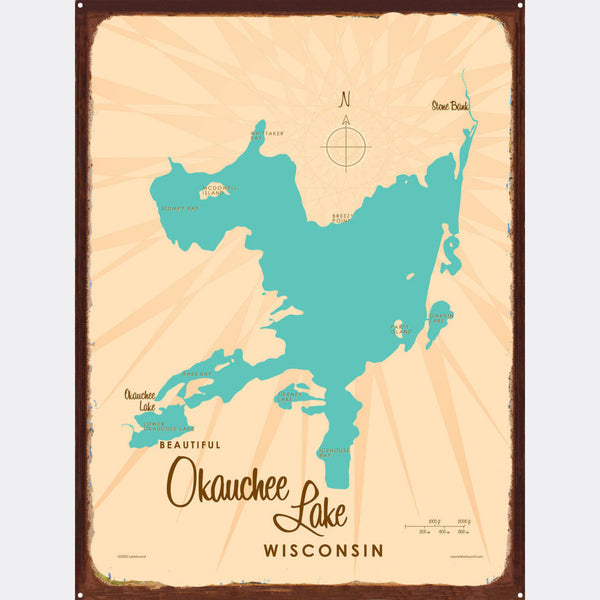 Okauchee Lake Wisconsin, Rustic Metal Sign Map Art