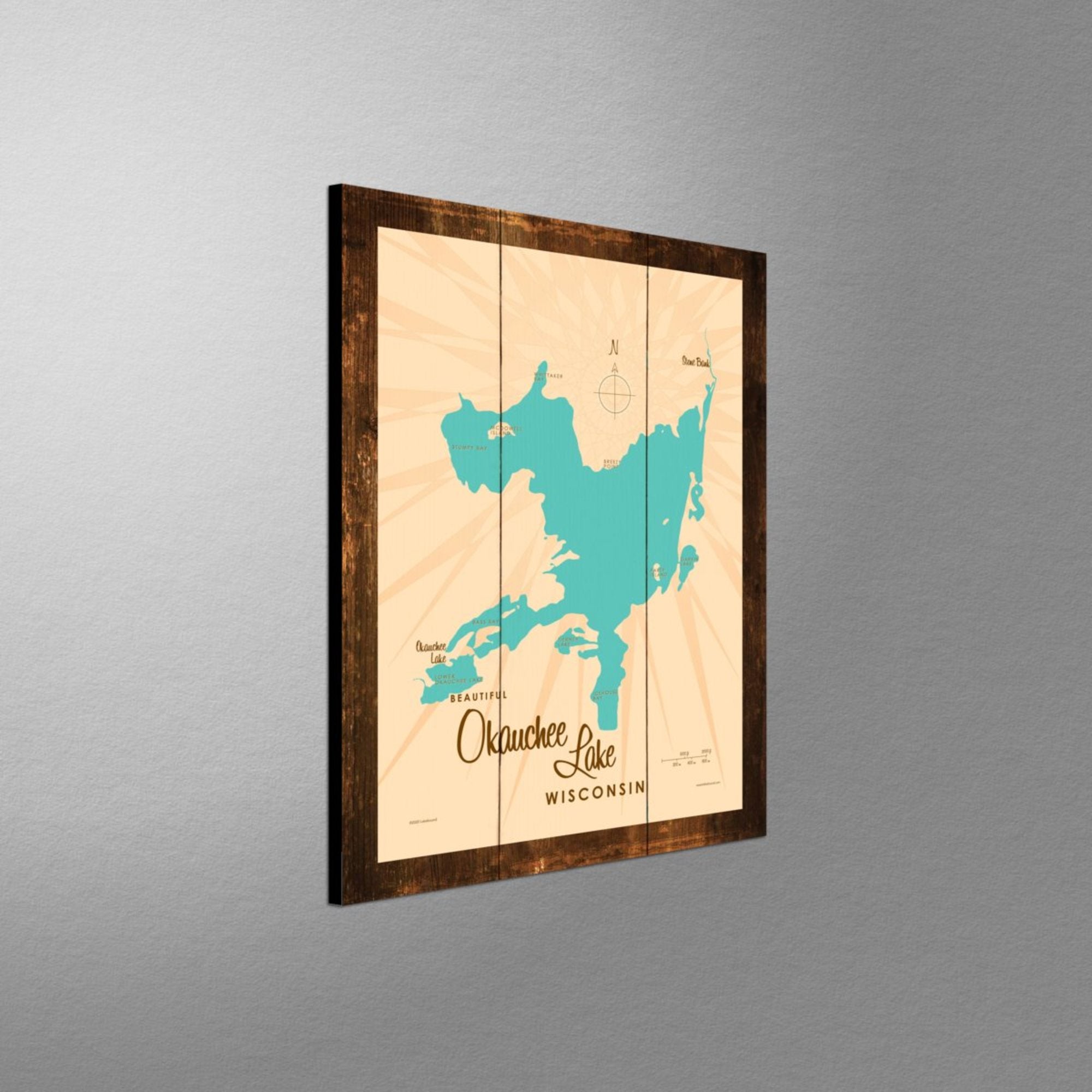 Okauchee Lake Wisconsin, Rustic Wood Sign Map Art