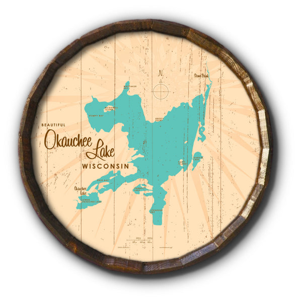 Okauchee Lake Wisconsin, Rustic Barrel End Map Art