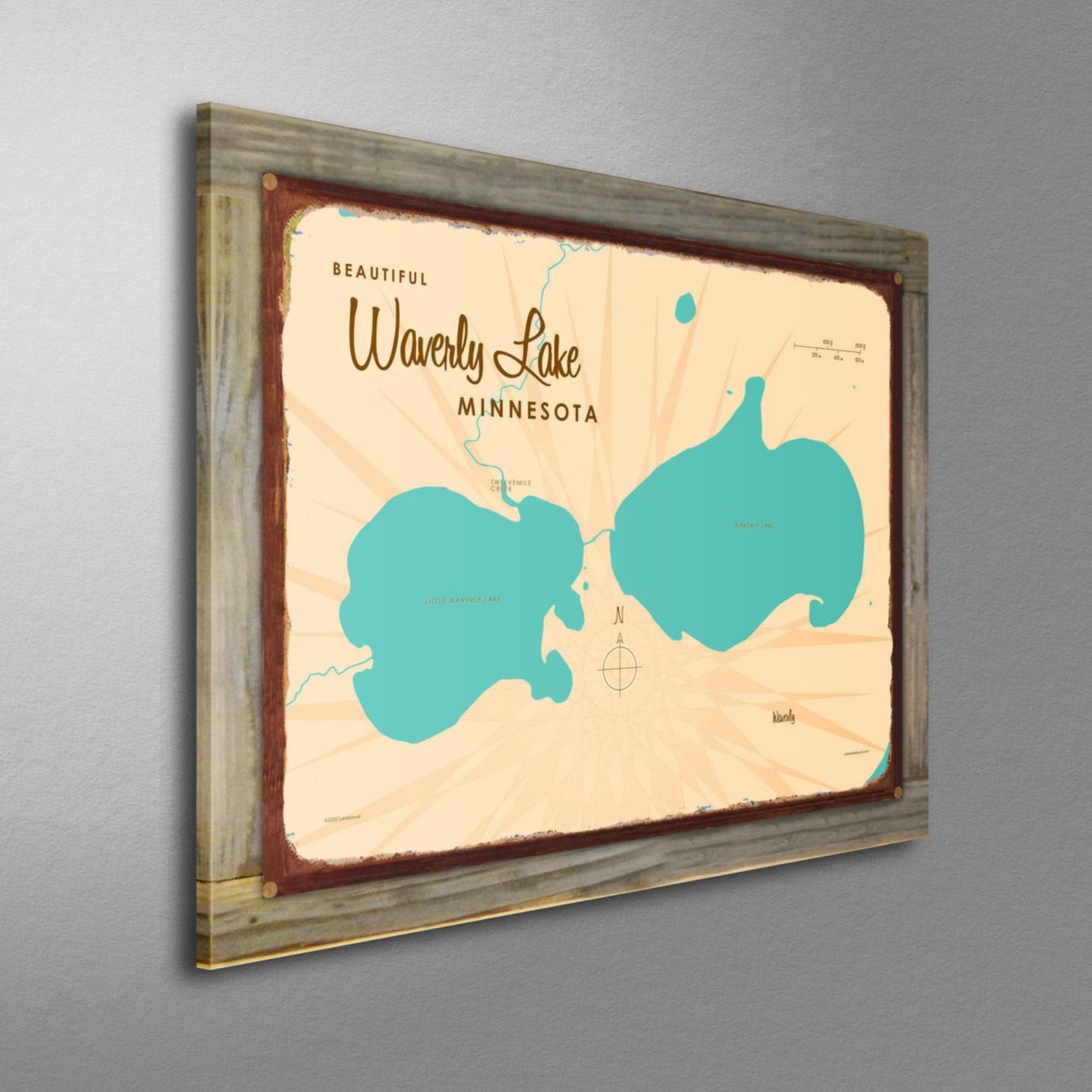 Waverly Lake Minnesota, Wood-Mounted Rustic Metal Sign Map Art