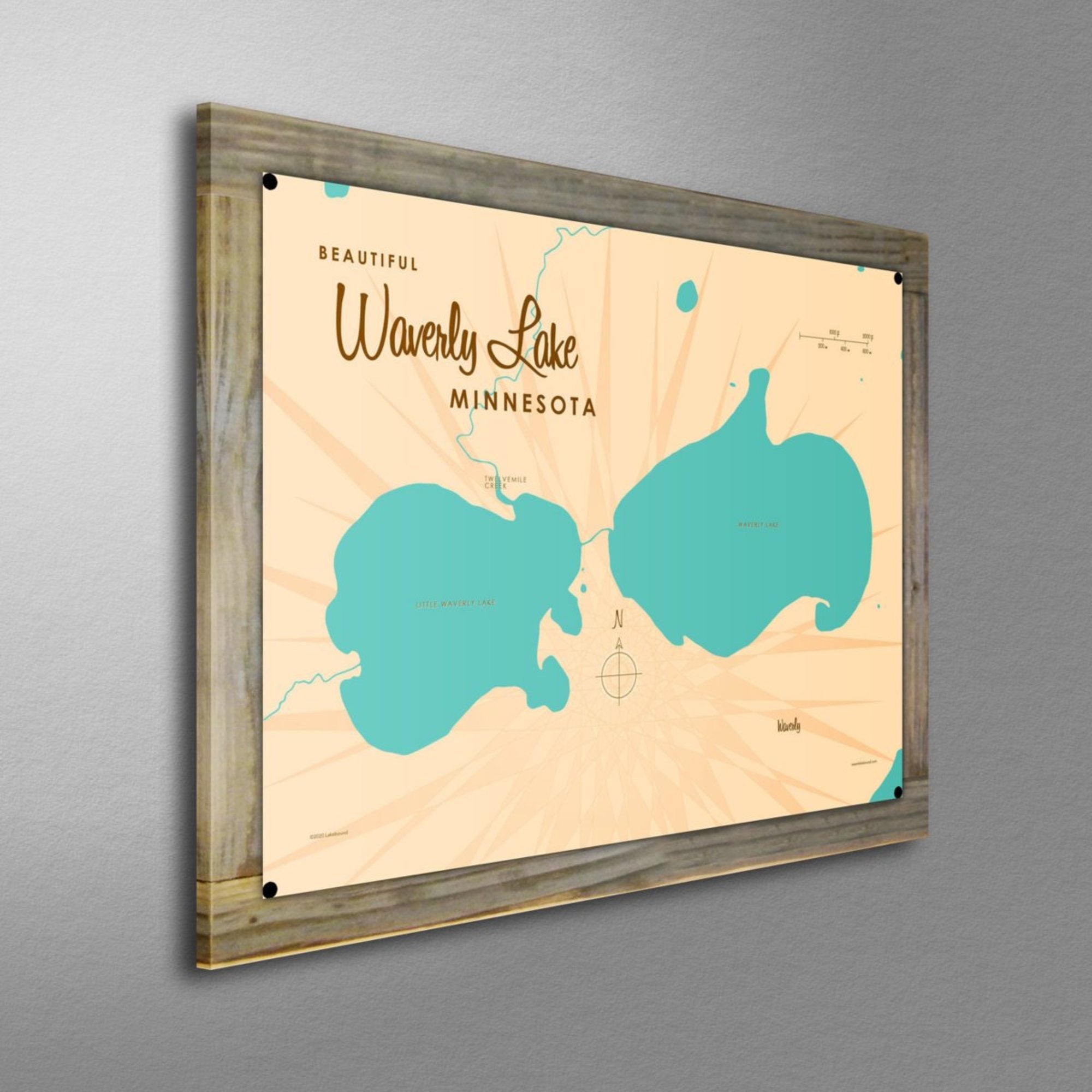 Waverly Lake Minnesota, Wood-Mounted Metal Sign Map Art