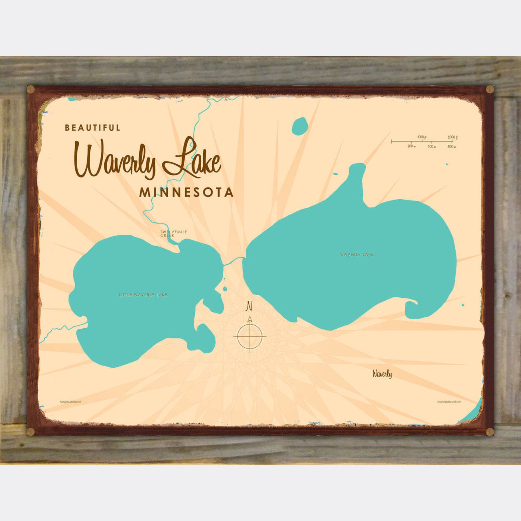 Waverly Lake Minnesota, Wood-Mounted Rustic Metal Sign Map Art