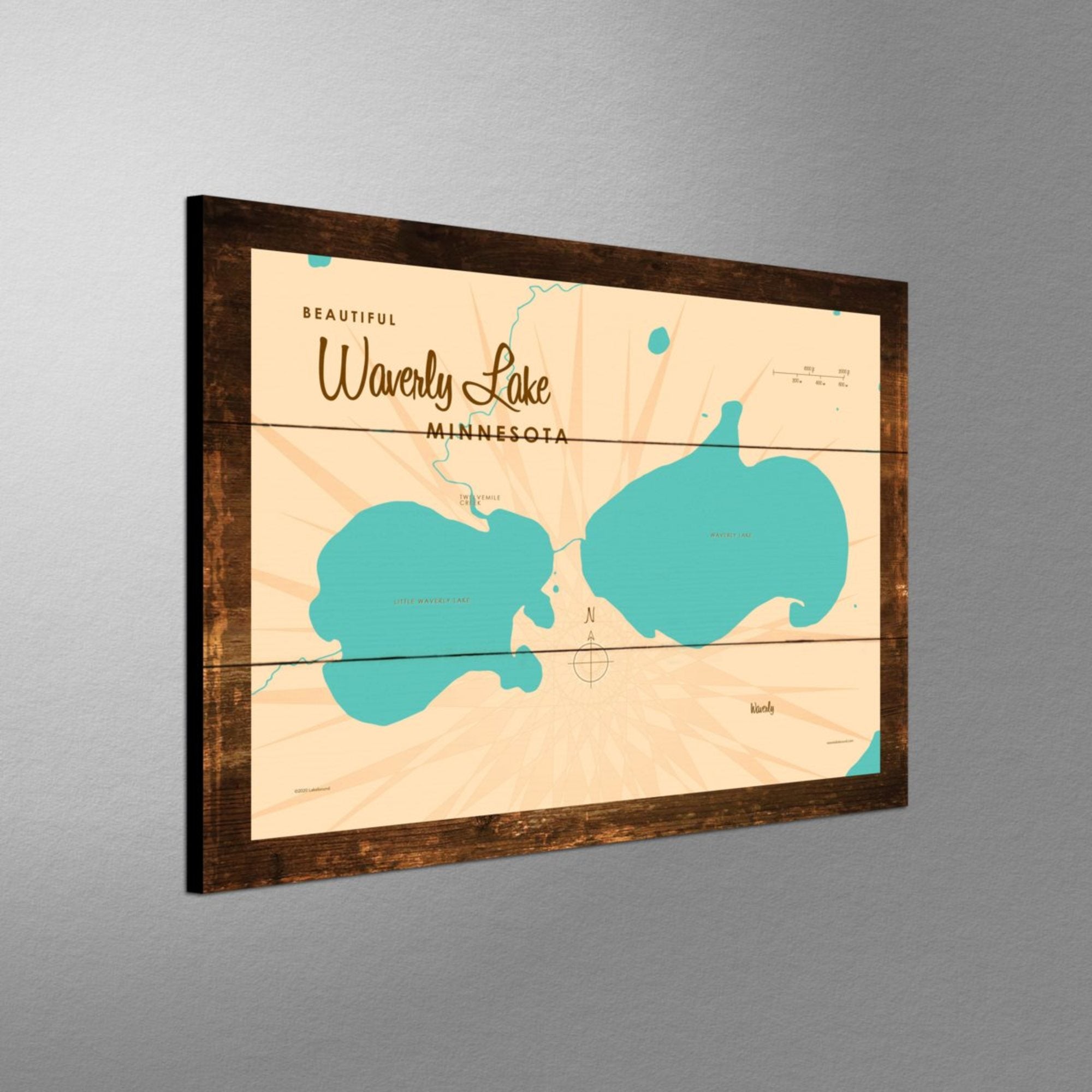 Waverly Lake Minnesota, Rustic Wood Sign Map Art