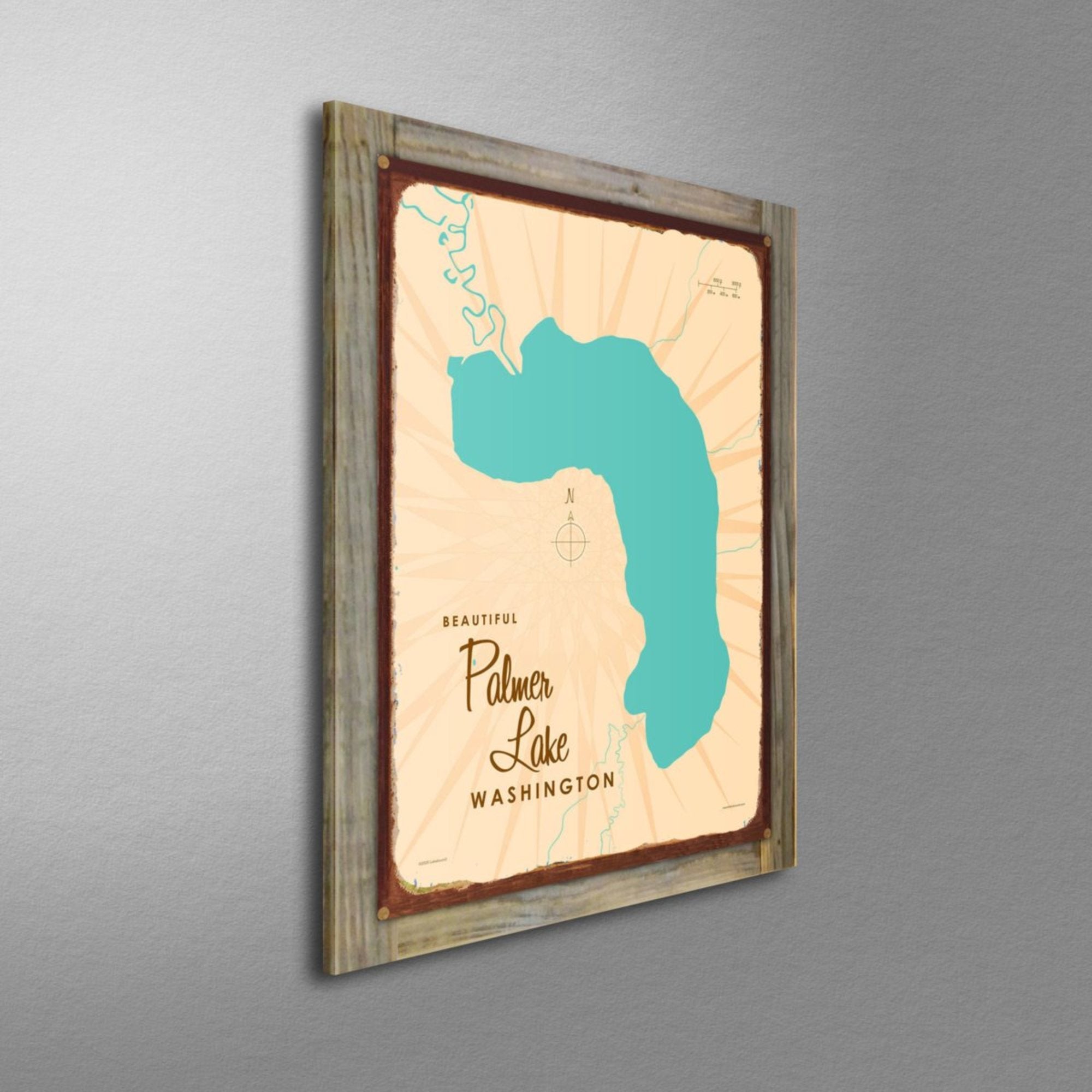 Palmer Lake Washington, Wood-Mounted Rustic Metal Sign Map Art