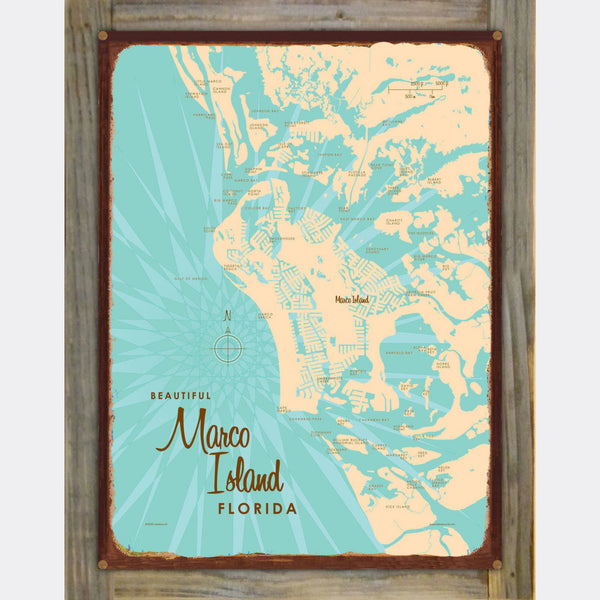 Marco Island Florida, Wood-Mounted Rustic Metal Sign Map Art