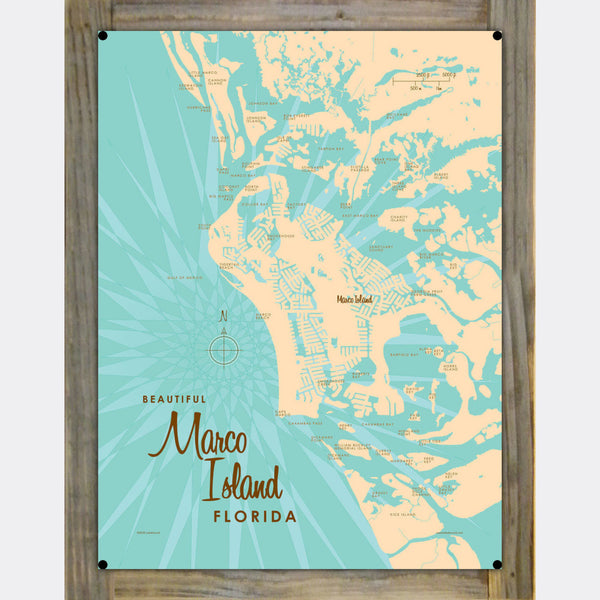 Marco Island Florida, Wood-Mounted Metal Sign Map Art