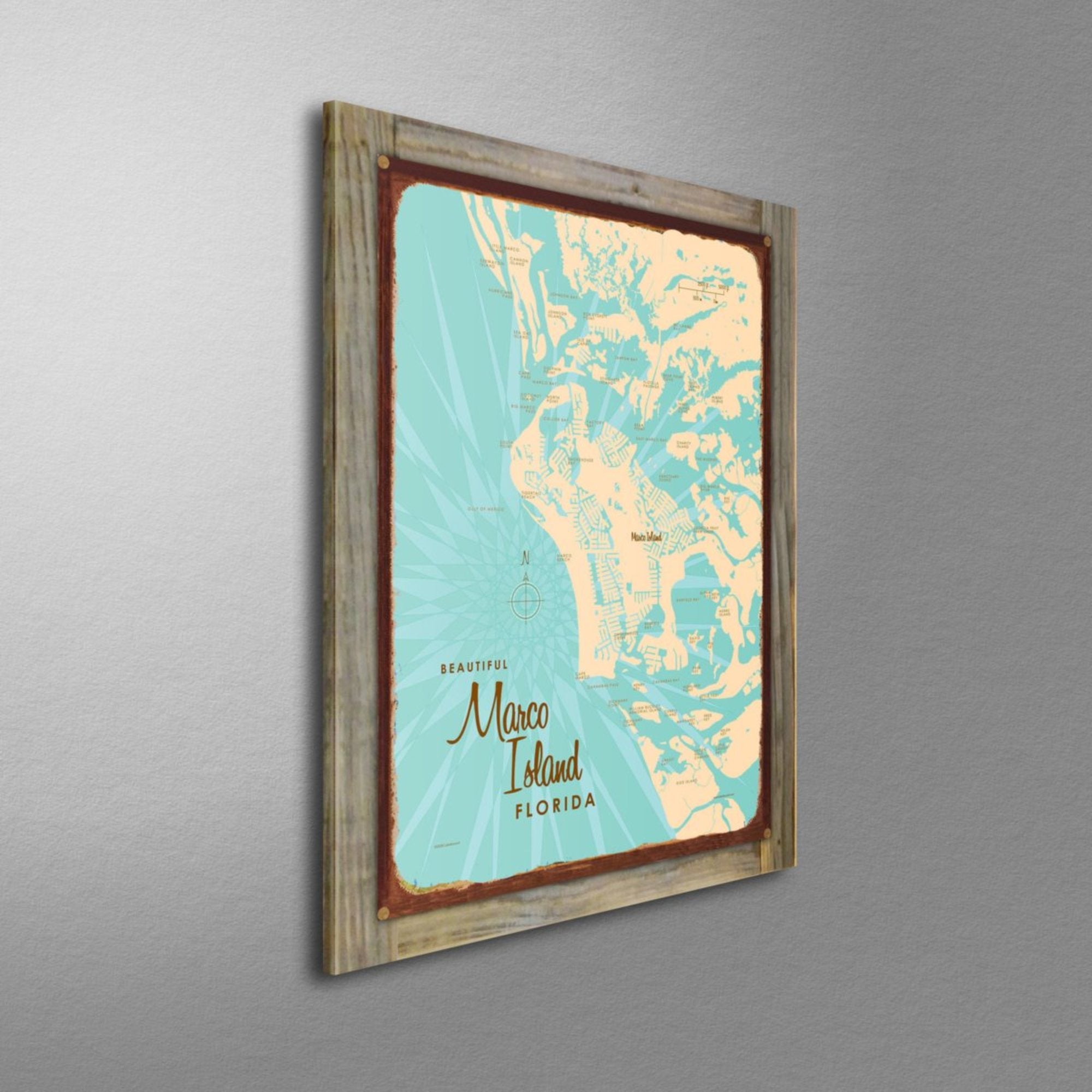 Marco Island Florida, Wood-Mounted Rustic Metal Sign Map Art